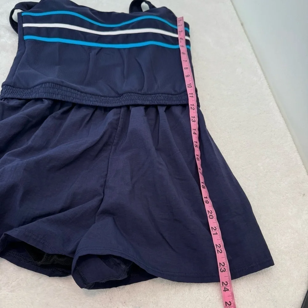LL BEAN womens 1 pc SWIM SWIMMING SUIT SHORTS dark blue stripe BRA TOP size 14R